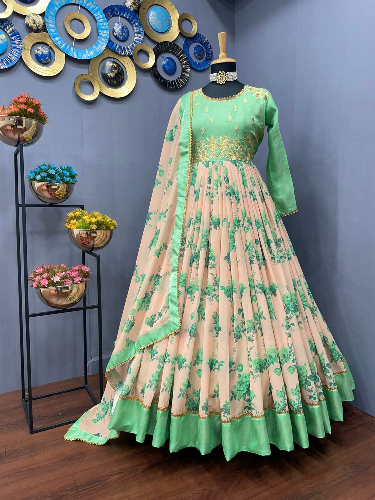 Awesome Georgette With Digital Print Gown With Satin Lace For Women