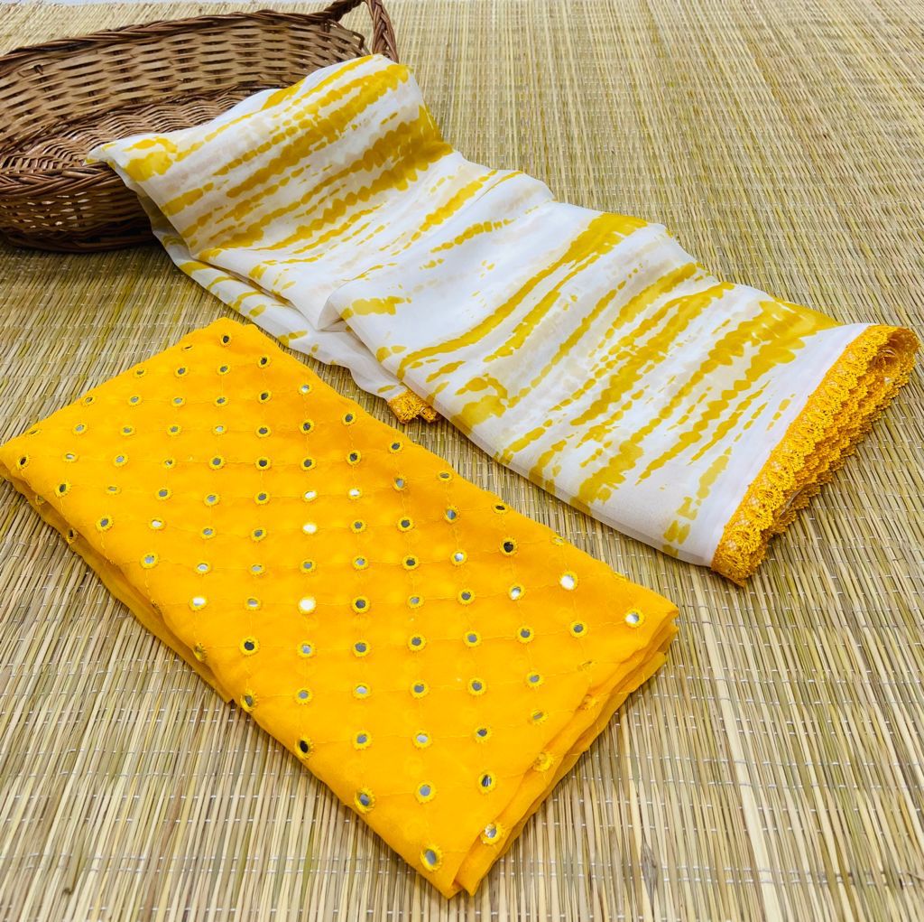 Unique Designer Daily Wear White and Yellow Color Georgette Shibori Print Saree