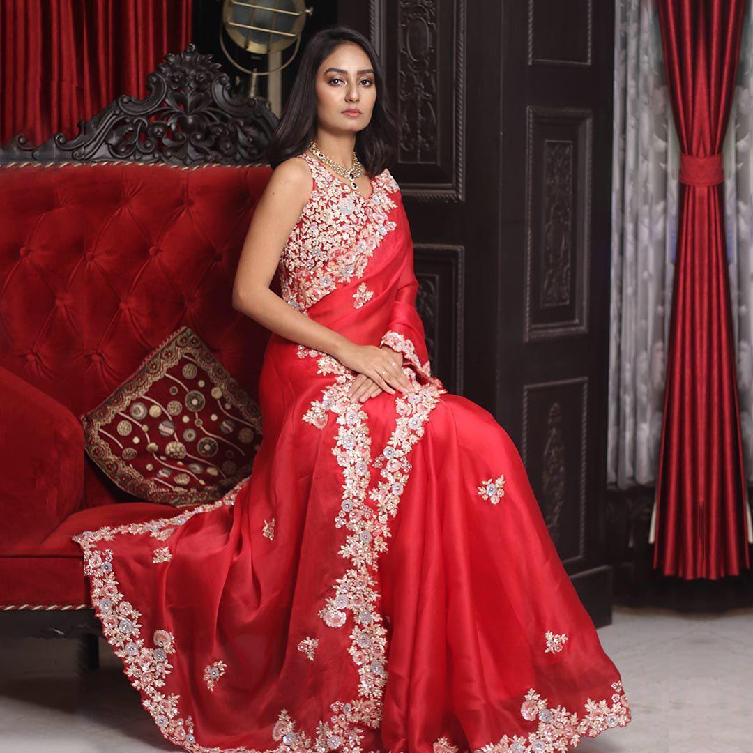 Imperial Red Color Georgette Embroidered Work Function Wear Saree Blouse