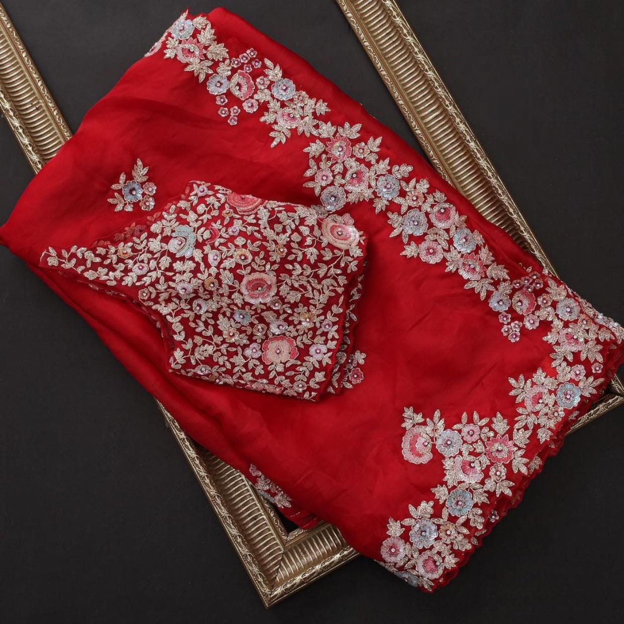 Imperial Red Color Georgette Embroidered Work Function Wear Saree Blouse