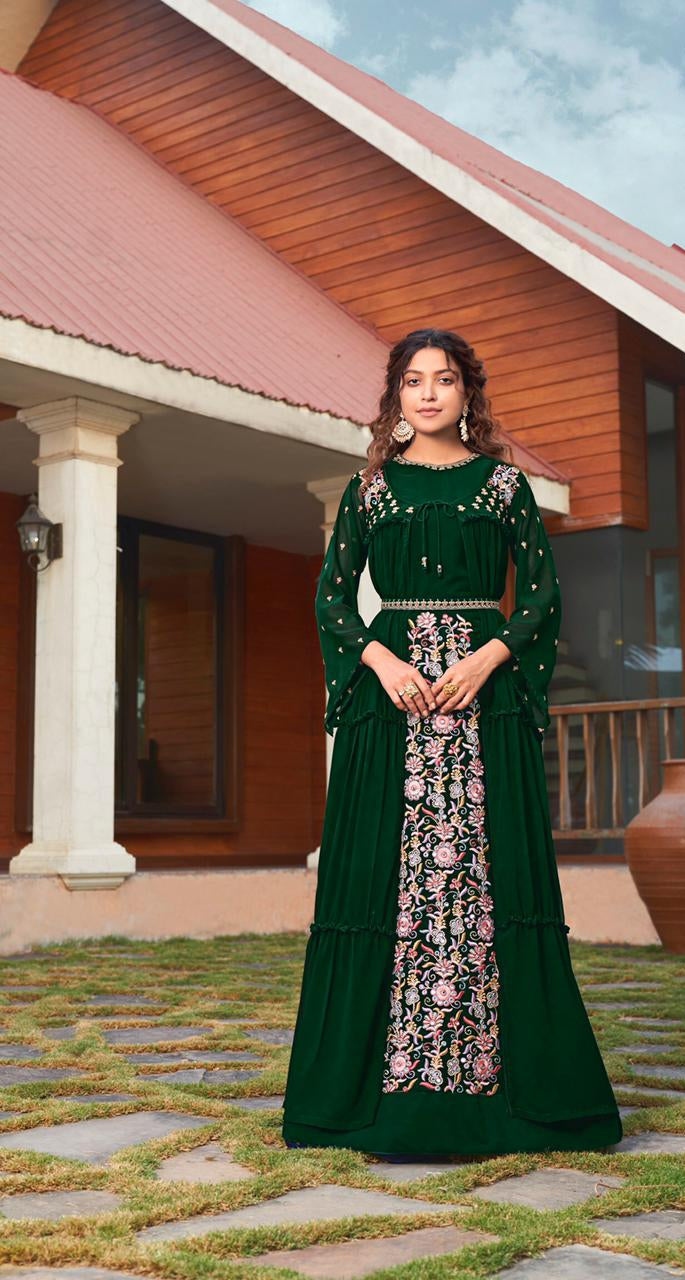 Starling Dark Green Color Occasion Wear Georgette Embroidered Work Jacket Gown