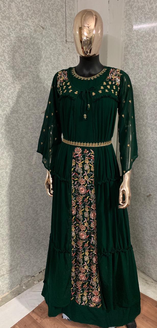 Starling Dark Green Color Occasion Wear Georgette Embroidered Work Jacket Gown