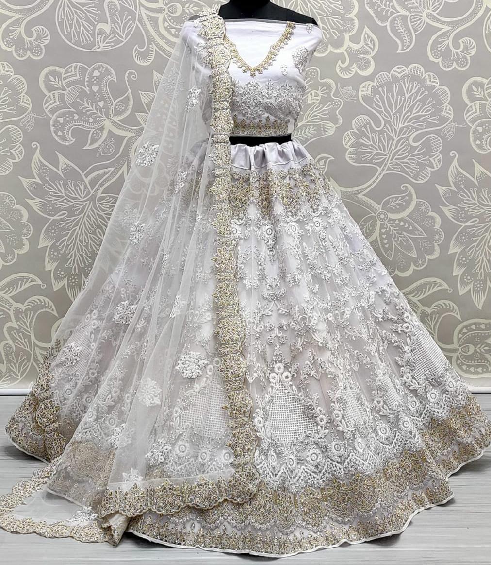 Wondrous White Color Bridal Wear Net Embroidered Multi Work Lehenga Choli
