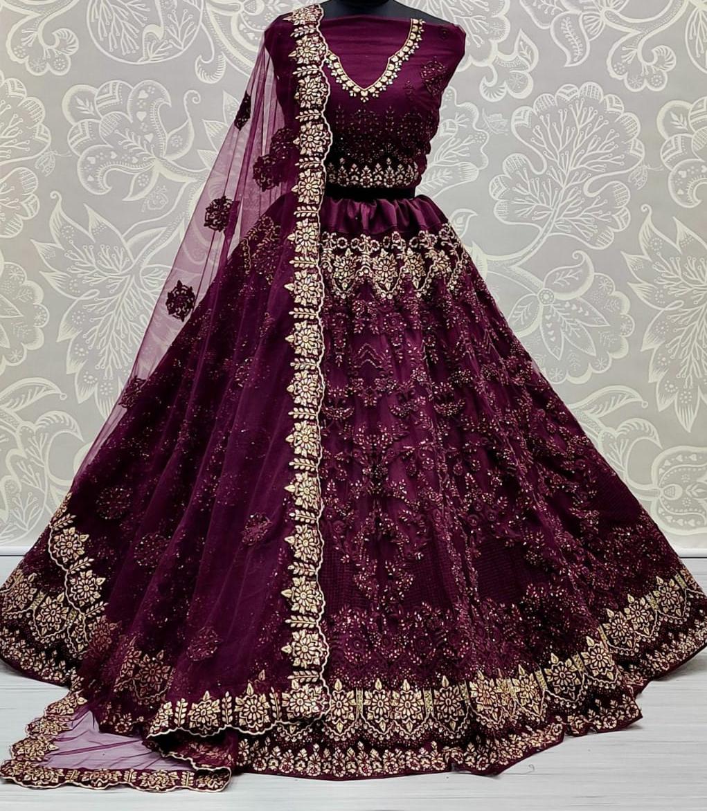 Extraordinary Wine Color Net Multi Thread Work Festival Wear Lehenga Choli