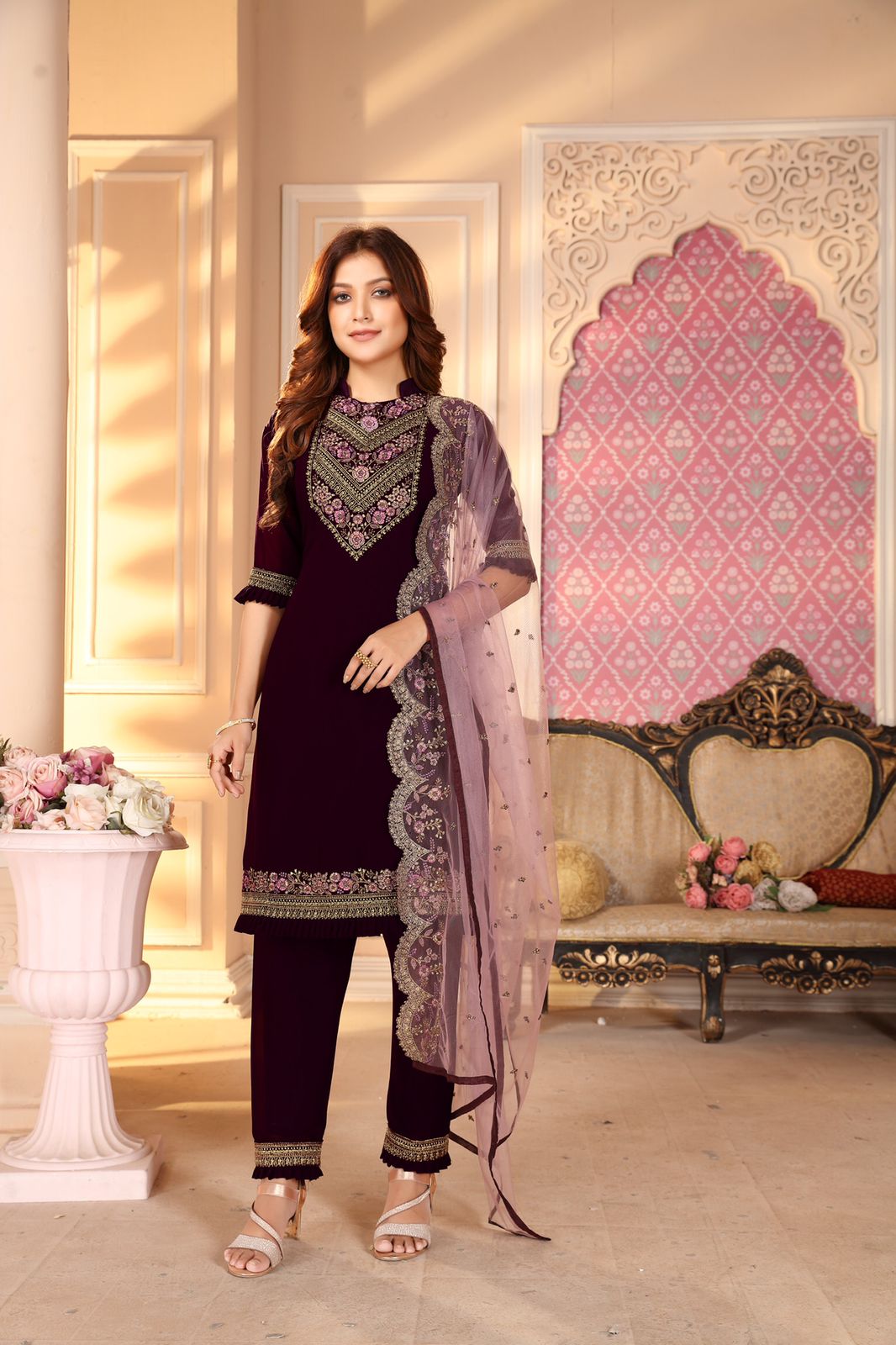 Superlative Wine Color Festive Wear Georgette Embroidered Work Salwar Suit