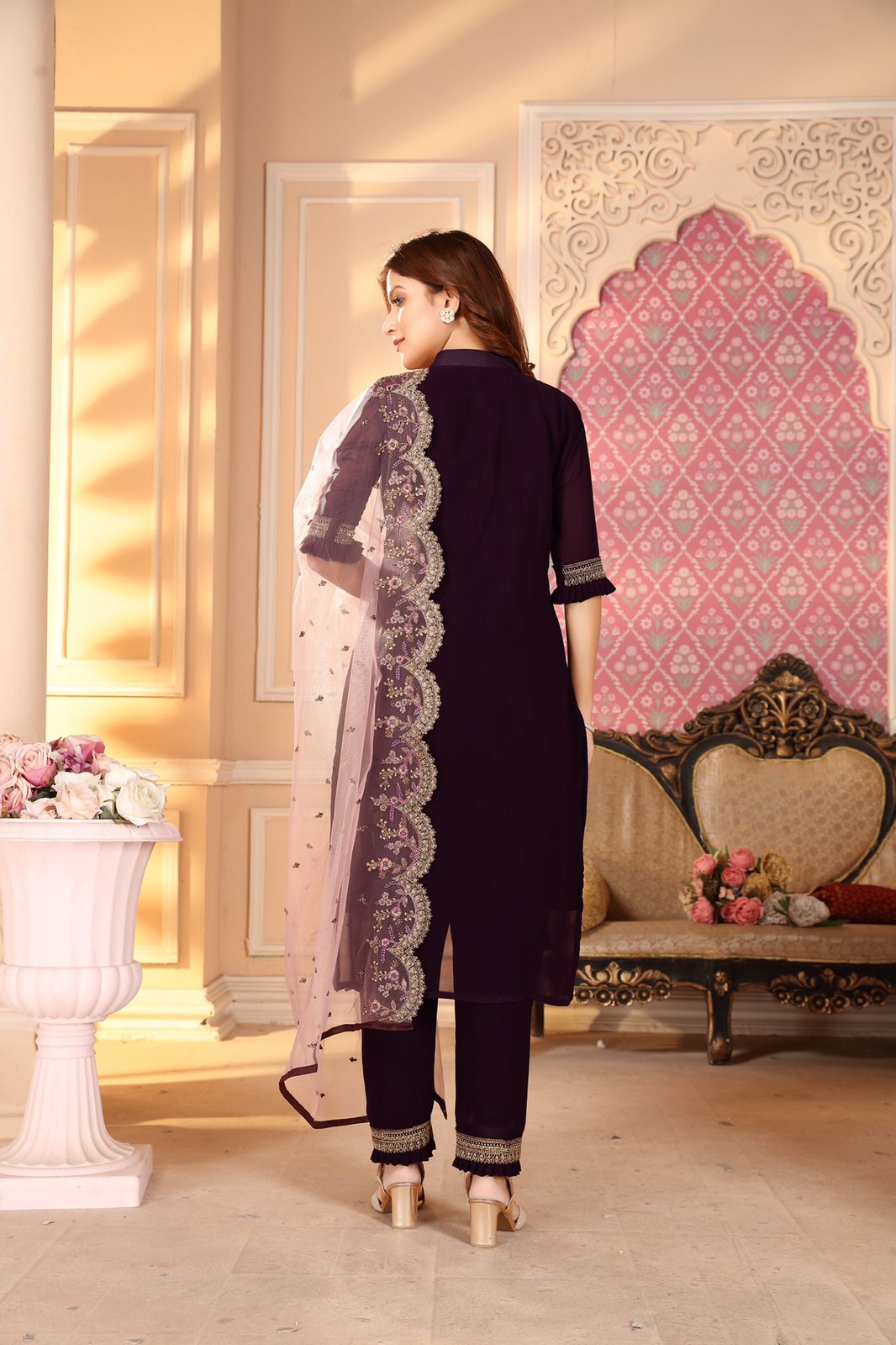 Superlative Wine Color Festive Wear Georgette Embroidered Work Salwar Suit