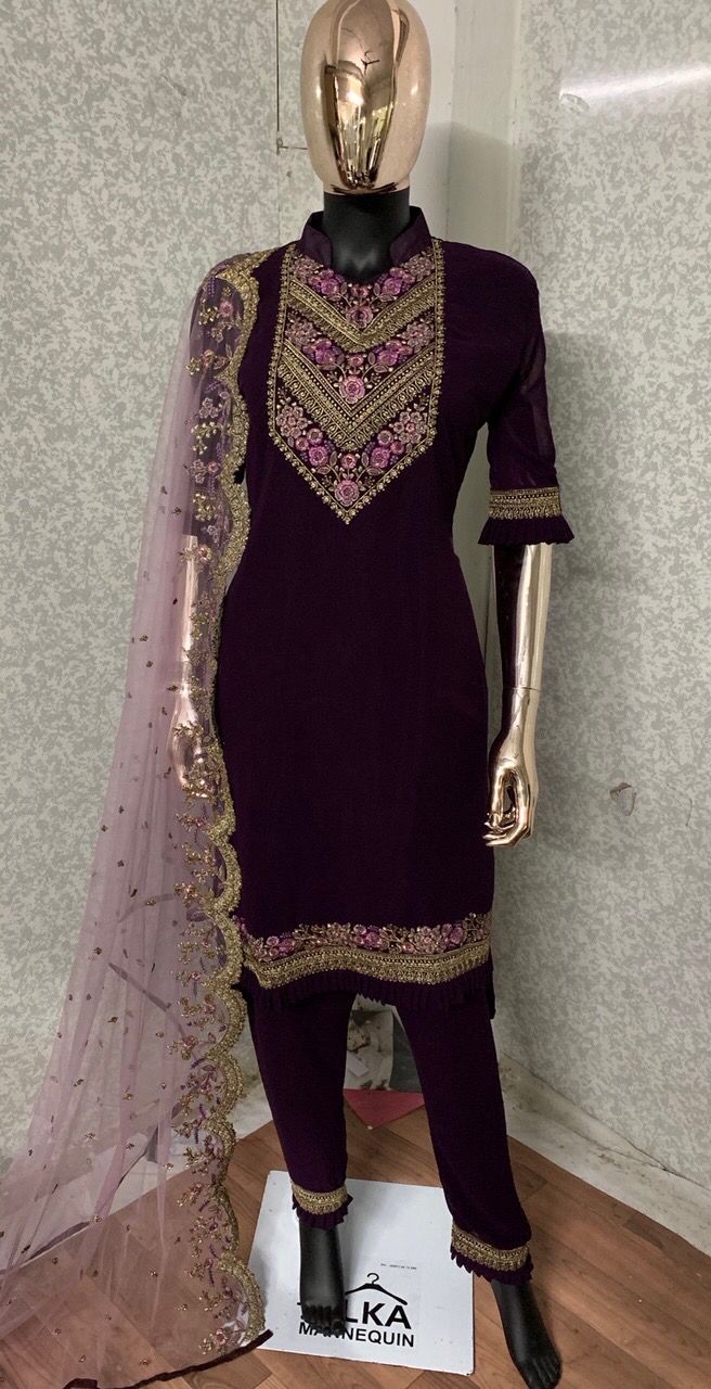 Superlative Wine Color Festive Wear Georgette Embroidered Work Salwar Suit
