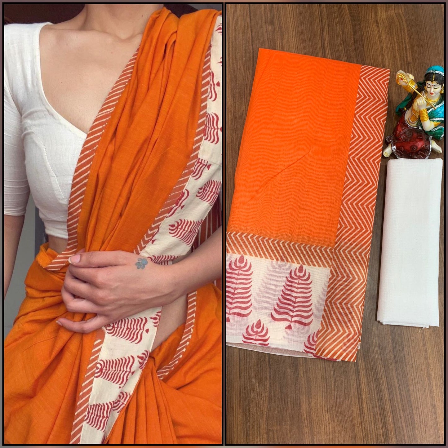 Refreshing Orange Color Designer Printed Cotton Party Wear Saree Blouse