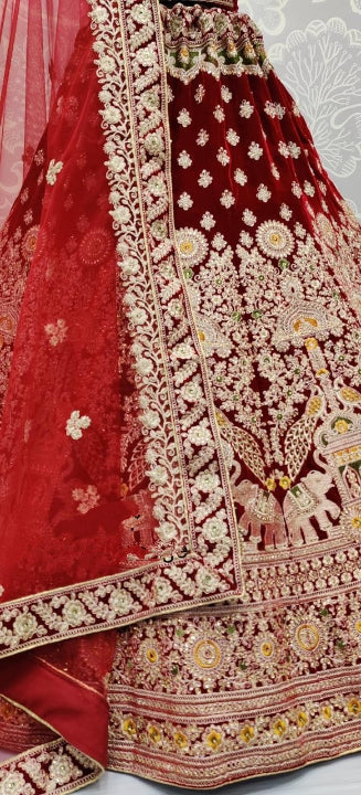 Red Color Wedding Wear Velvet Design Multi Zari Thread Diamond Embroidered Work Lehenga Choli