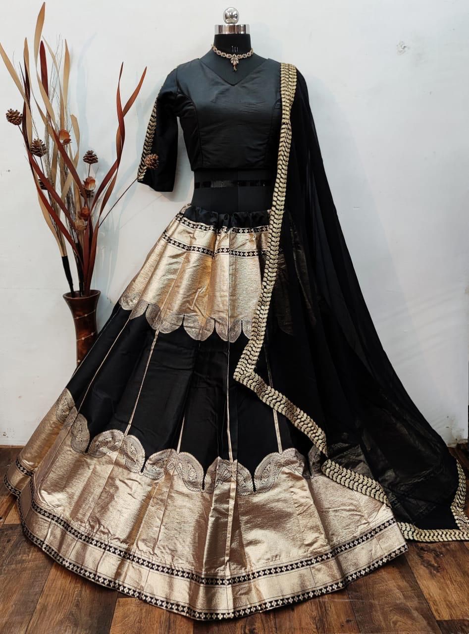 Stunning Black Color Banarasi Brocade Design Party Wear Lehenga Choli For Women