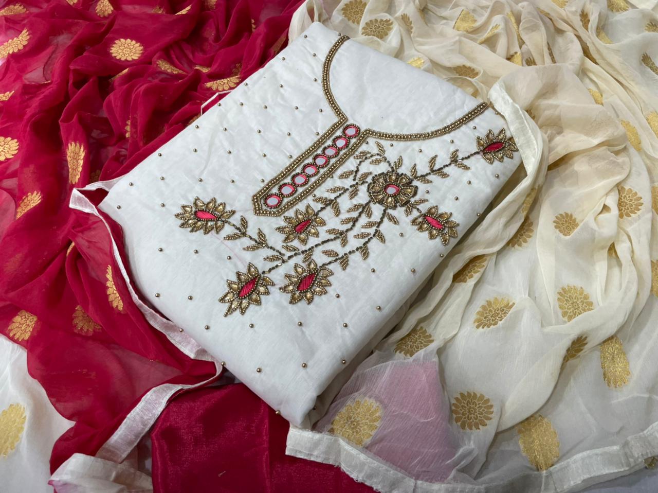 Unique White Color Party Wear Chanderi Khatali Work Salwar Suit