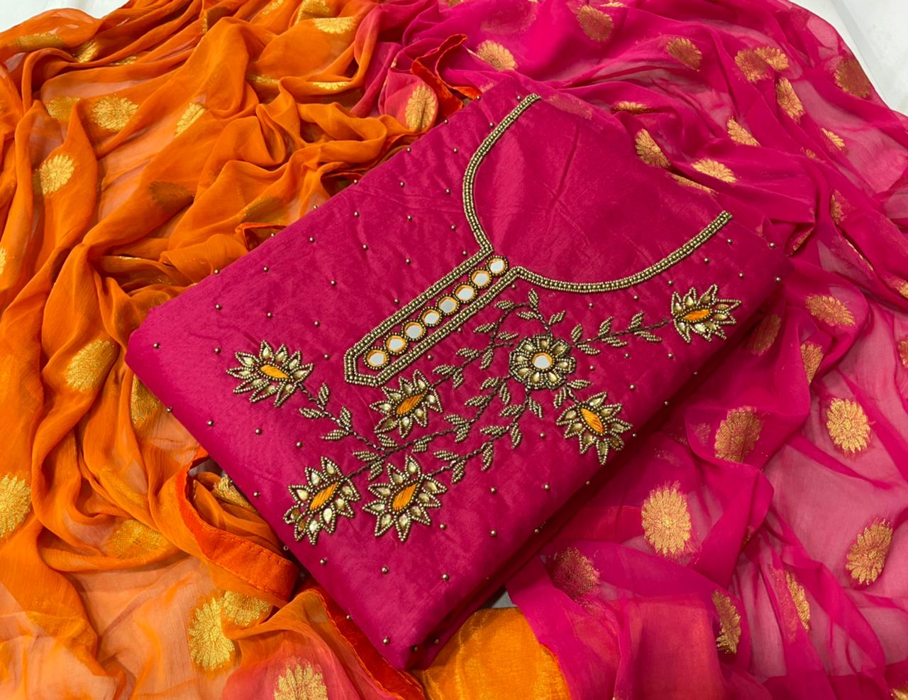 Lovable Rani Pink Color Chanderi Silk Fancy Khatali Work Salwar Kameez