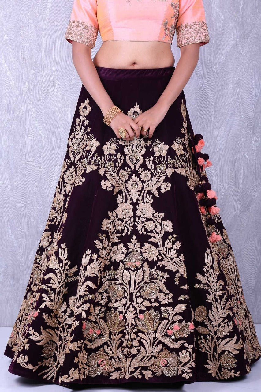 Wondrous Pink Color Wedding Wear Embroidered Work Velvet Lehenge Choli