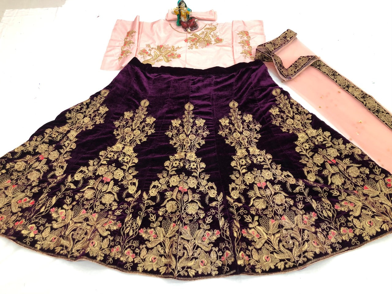 Wondrous Pink Color Wedding Wear Embroidered Work Velvet Lehenge Choli