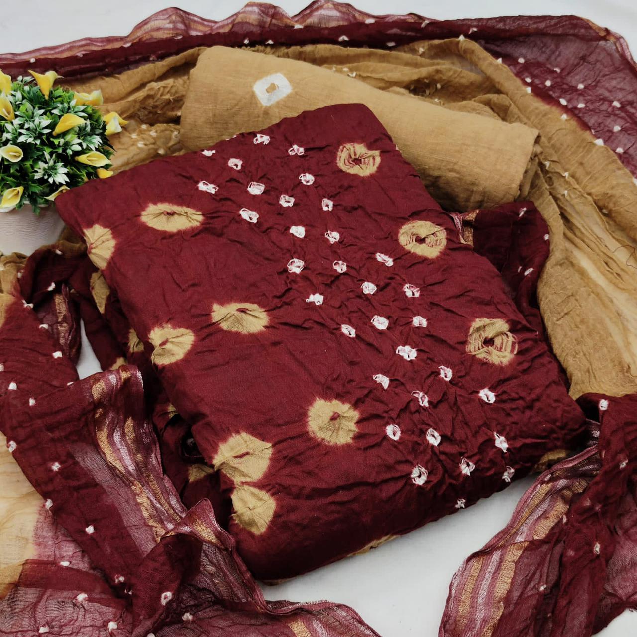 Unique Maroon Color Casual Wear Cotton Bandhani Printed Salwar Suit