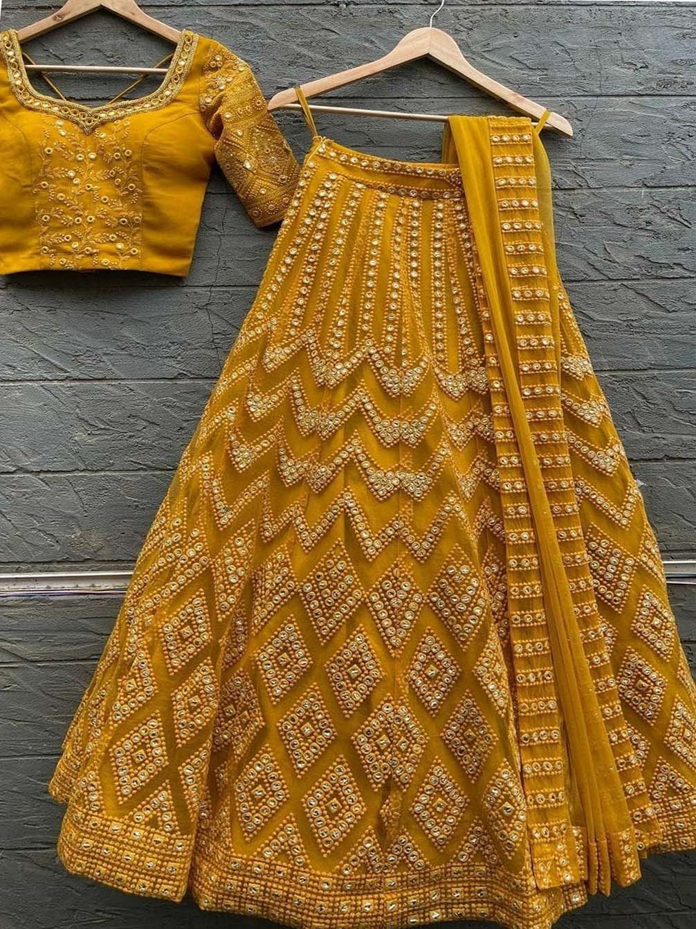 Designer Yellow color Mirror work Semi Stitched Lehenga choli for Haldi Rasam