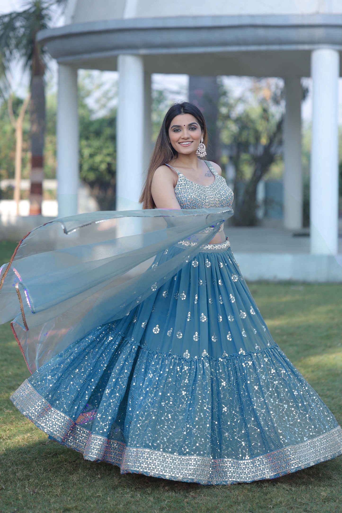 Beautiful Blue color Georgette Mirror work Designer Lehenga choli For Women