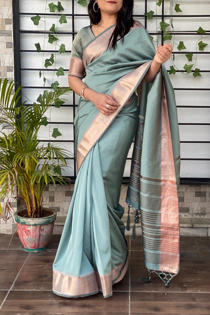 Lovable Light Blue Color Occasion Wear Jacquard Fancy Work Silk Kanjivaram Saree Blouse