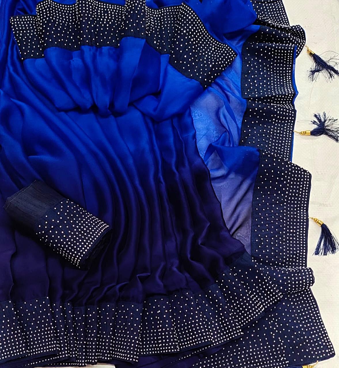 Party Wear Satin Silk Stone Work Saree Blouse For Women