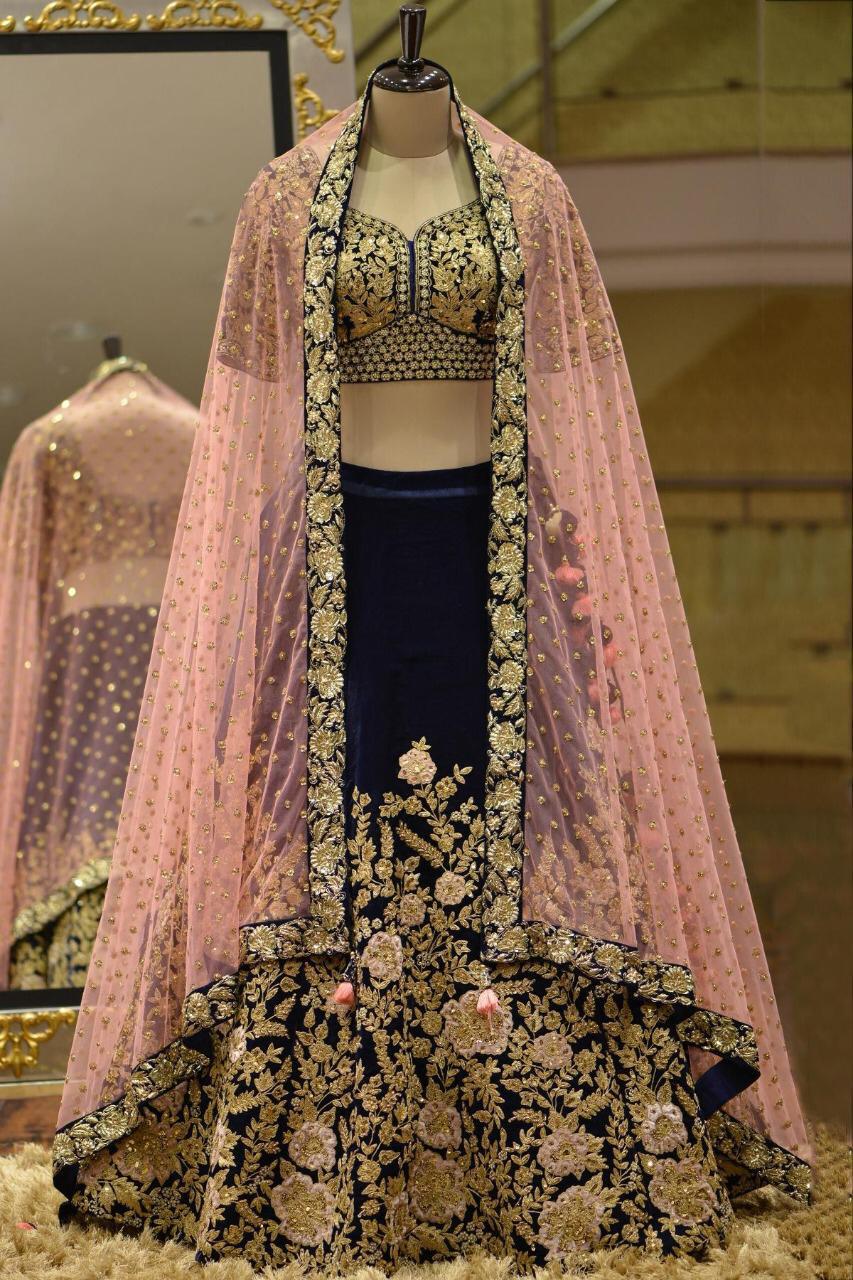 Refreshing Navy Blue Color Coding Thread Embroidered Designer Work Velvet Function Wear Lehenga Choli