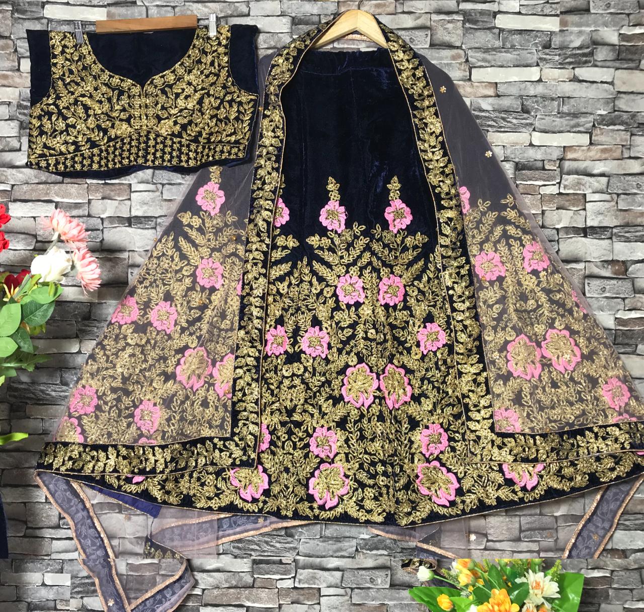 Refreshing Navy Blue Color Coding Thread Embroidered Designer Work Velvet Function Wear Lehenga Choli