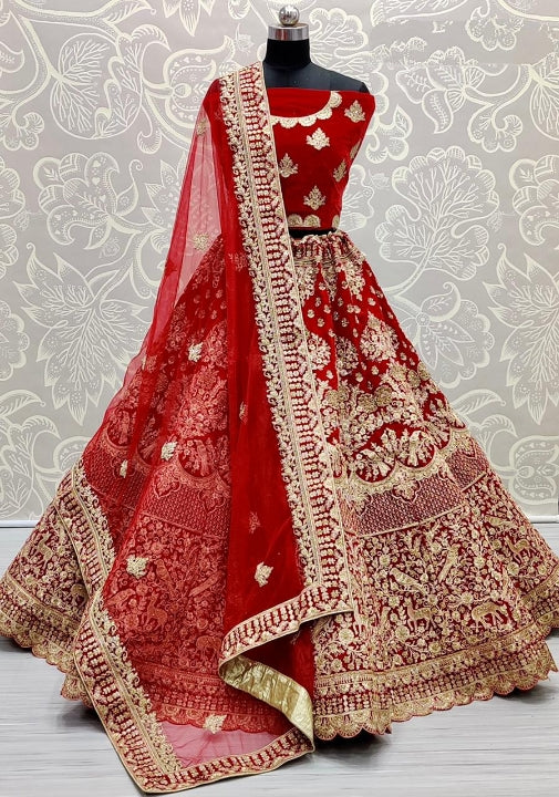 Lovely Velvet Wedding Wear Zari Thread Diamond Embroidered Work Lehenga Choli