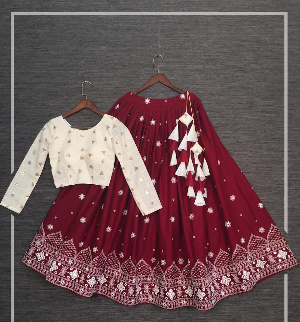 Modern Maroon Color Lucknowi Work Cotton Wedding Wear Lehenga Choli