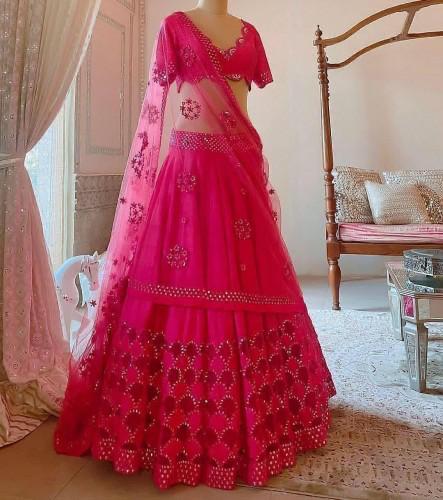 Sensational Rani Pink Color Function Wear Soft Net Paper Mirror Embroidered Work Designer Lehenga Choli