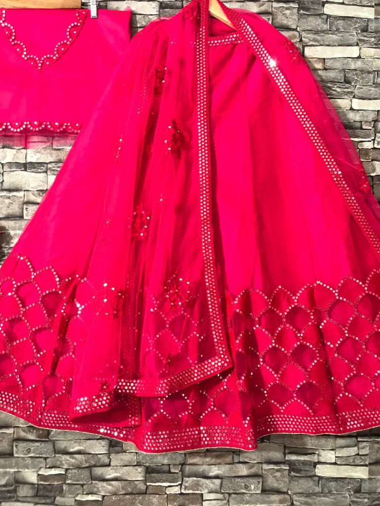 Sensational Rani Pink Color Function Wear Soft Net Paper Mirror Embroidered Work Designer Lehenga Choli