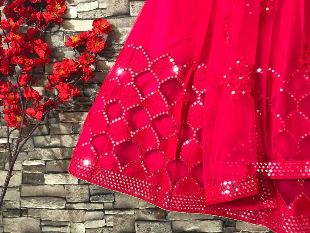 Sensational Rani Pink Color Function Wear Soft Net Paper Mirror Embroidered Work Designer Lehenga Choli
