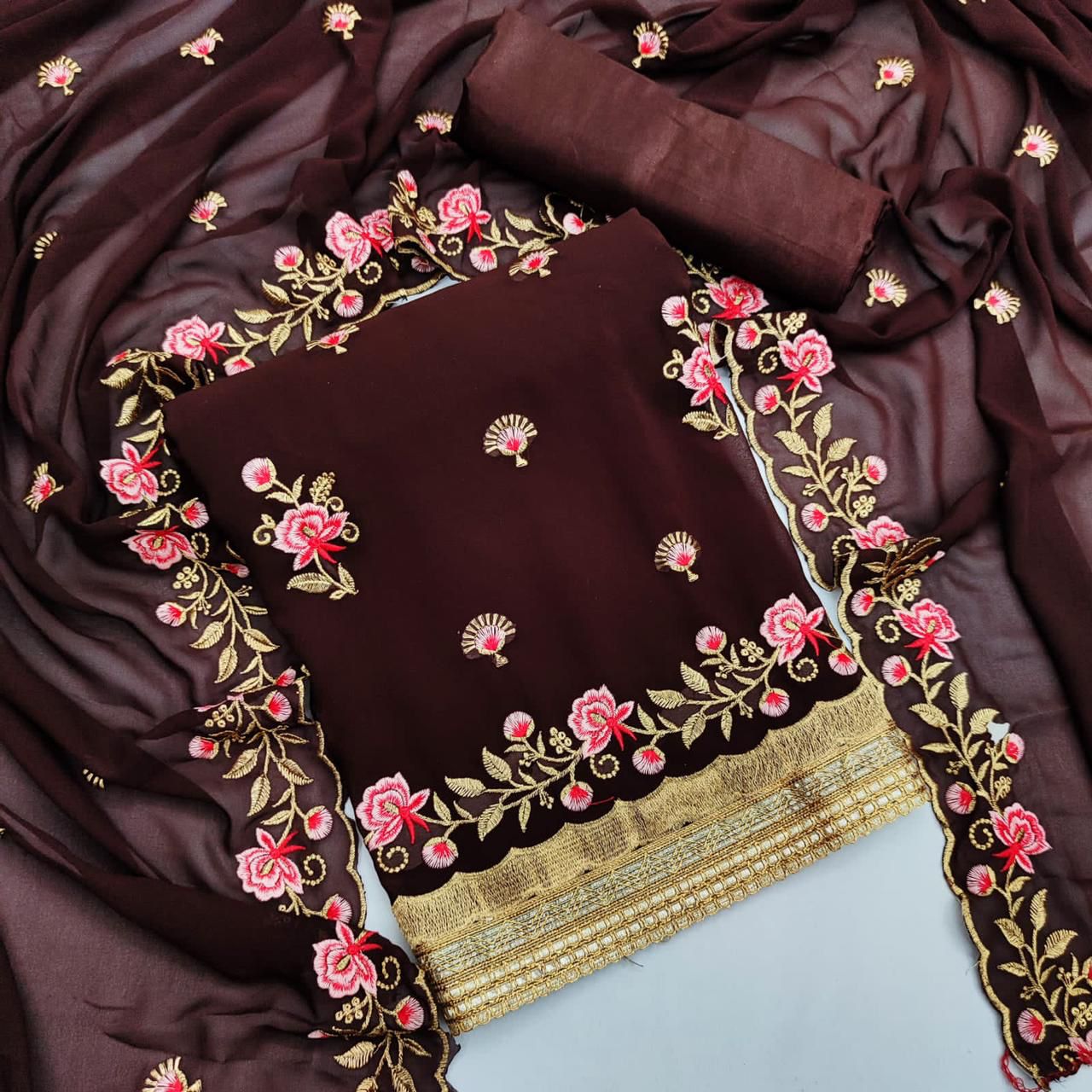 Captivation Brown Color Georgette Multi Work Salwar Suit For Women