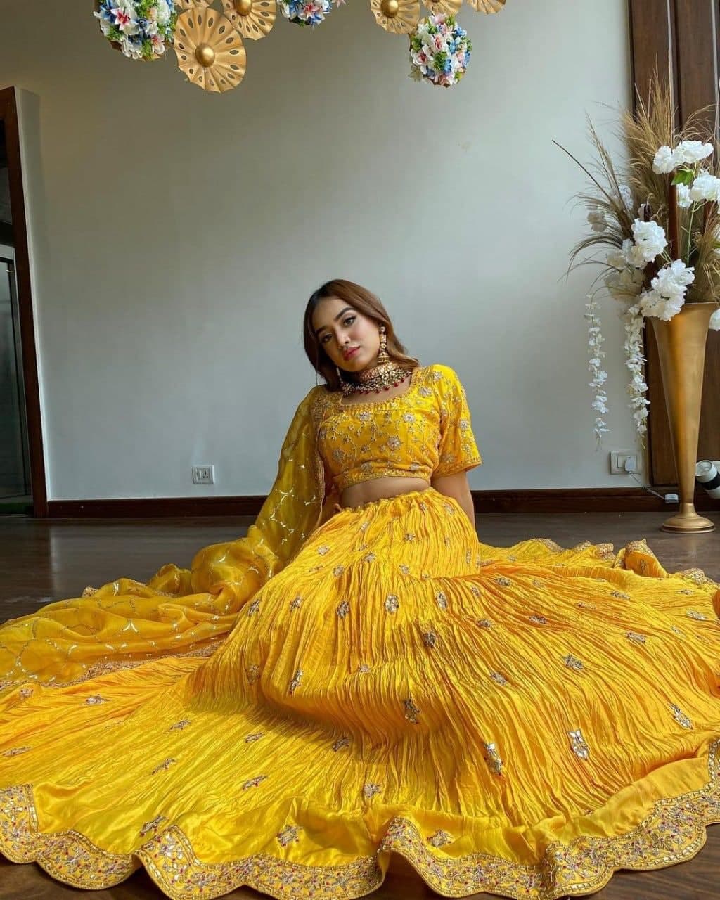 Shattering Yellow Color Function Wear Chinon Silk Pleated Lehenga Choli