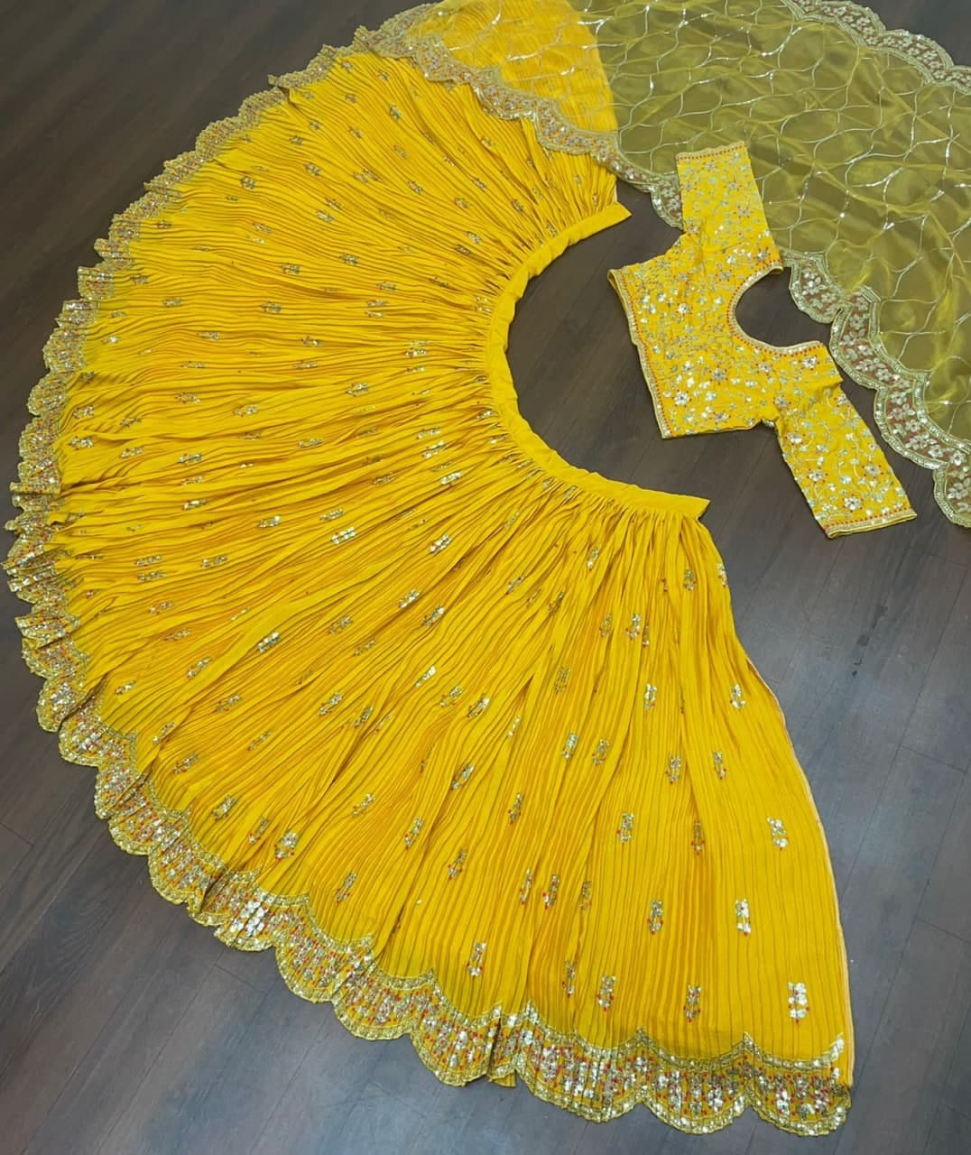 Shattering Yellow Color Function Wear Chinon Silk Pleated Lehenga Choli