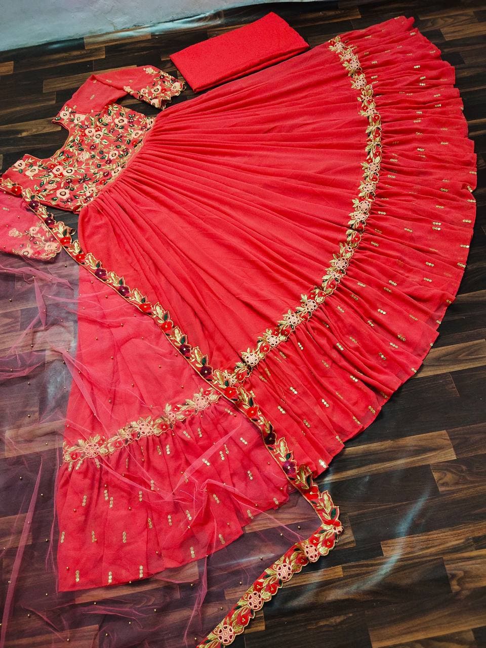 Wonderful Rani Pink Color Function Wear Georgette Ruffle Sequence Work Salwar Suit