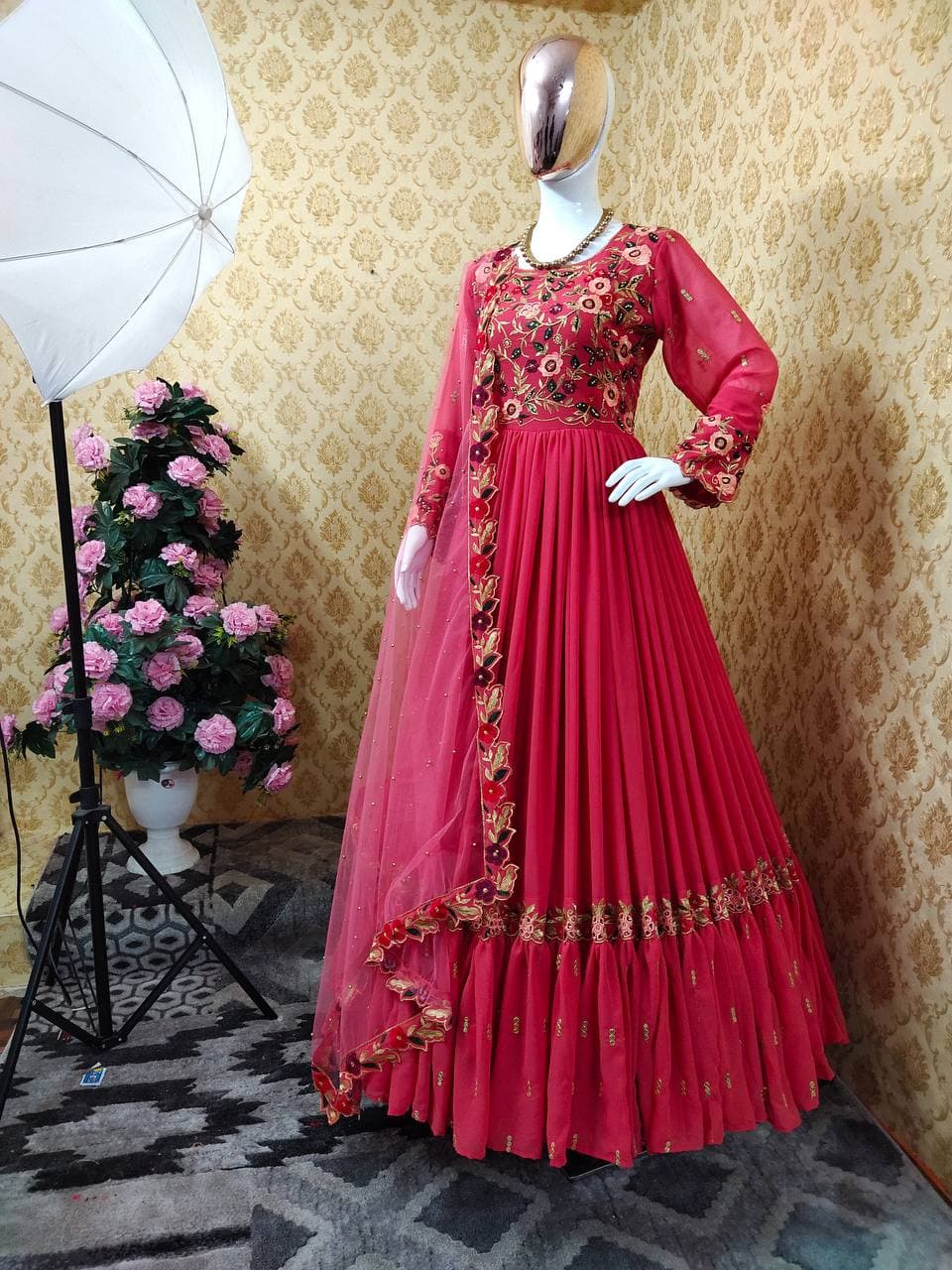 Wonderful Rani Pink Color Function Wear Georgette Ruffle Sequence Work Salwar Suit