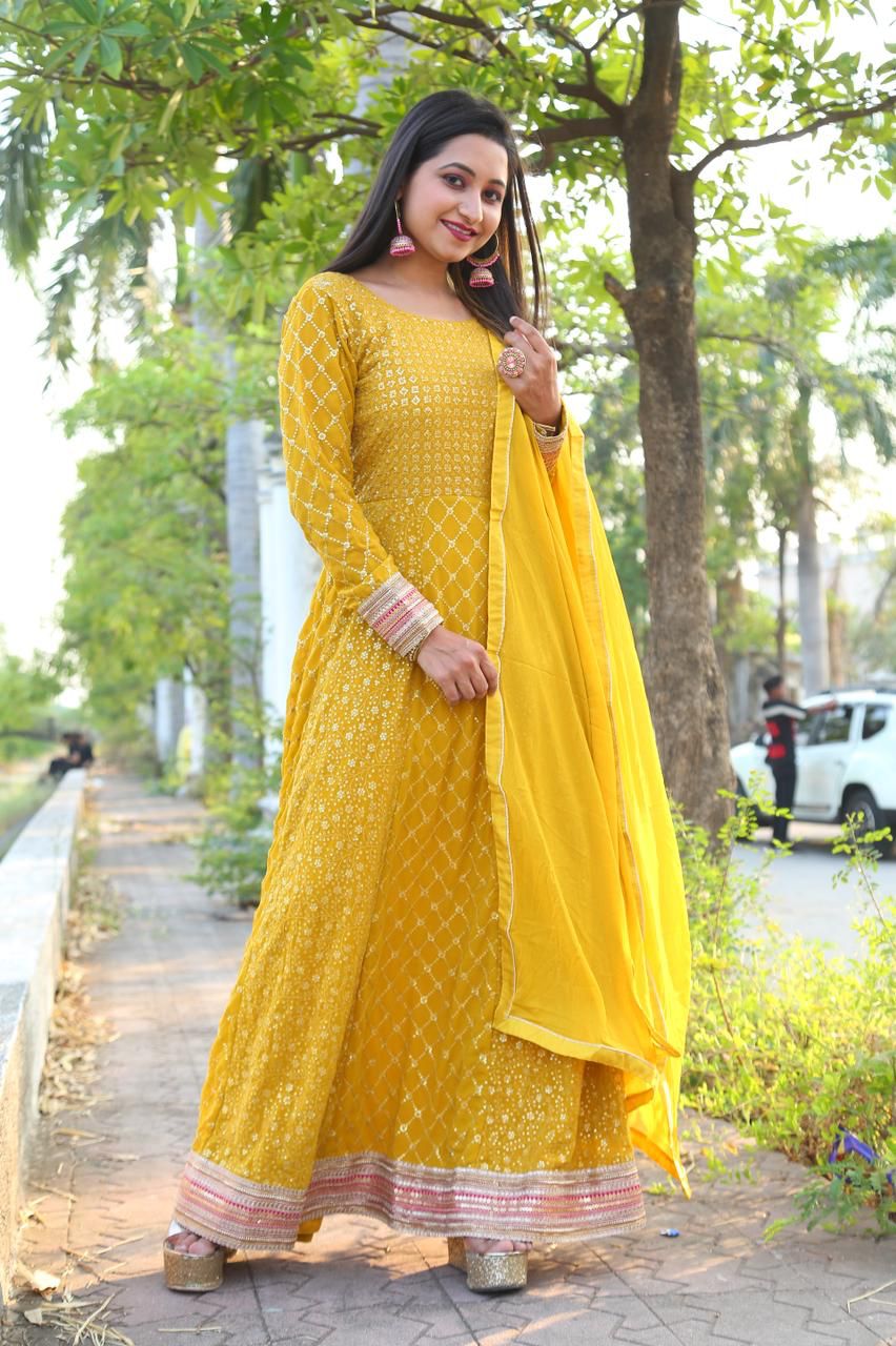 Captivating Mustard Color Party Wear Georgette Embroidered Work Salwar Suit