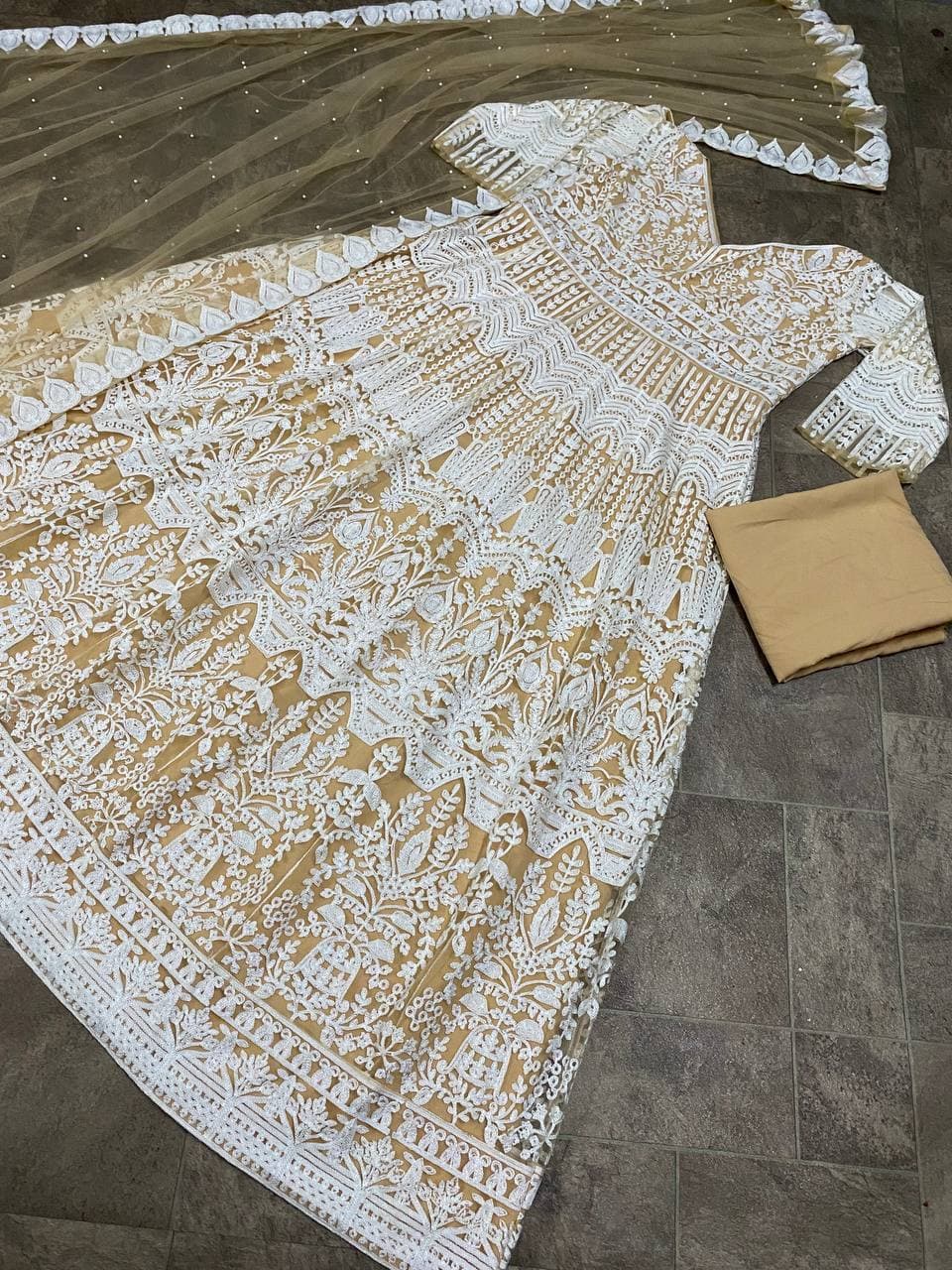 Imperial Cream Color Party Wear Net Embroidered Work Salwar Suit For Festive Wear