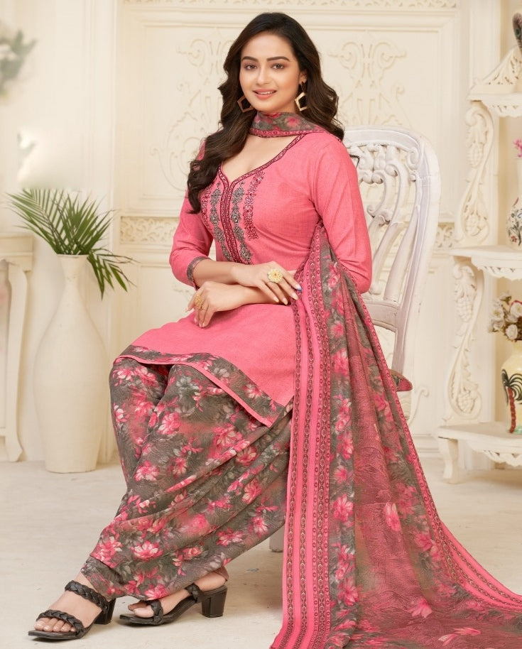 Fantastic Pink Color Casual Wear Cotton Embroidered Work Salwar Suit
