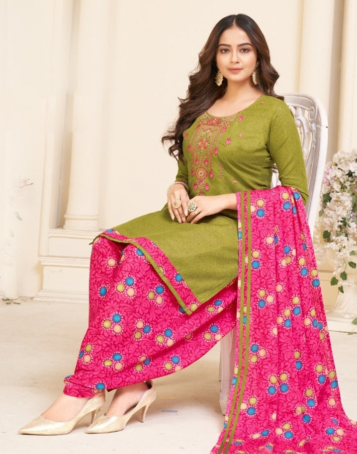 Astonishing Green Color Embroidered Work Cotton Salwar Kameez