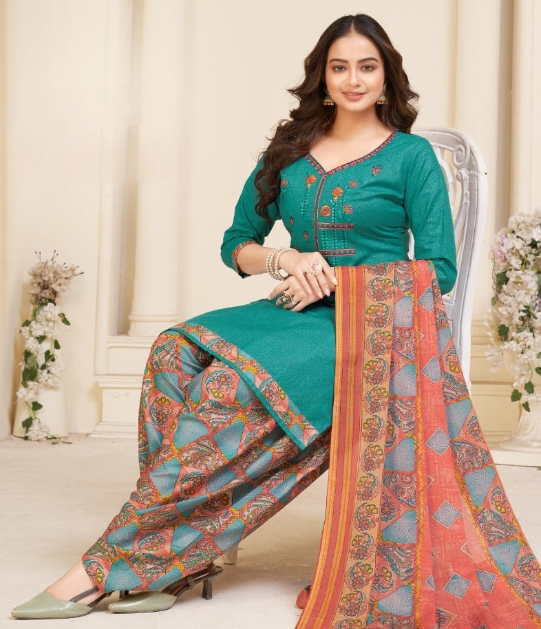 Captivation Firozi Color Cotton Embroidered Work Salwar Suit For Running Wear