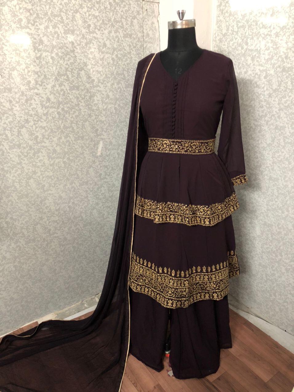 Festive Wear Wine Color Georgette Embroidered Work Plazo Salwar Suit