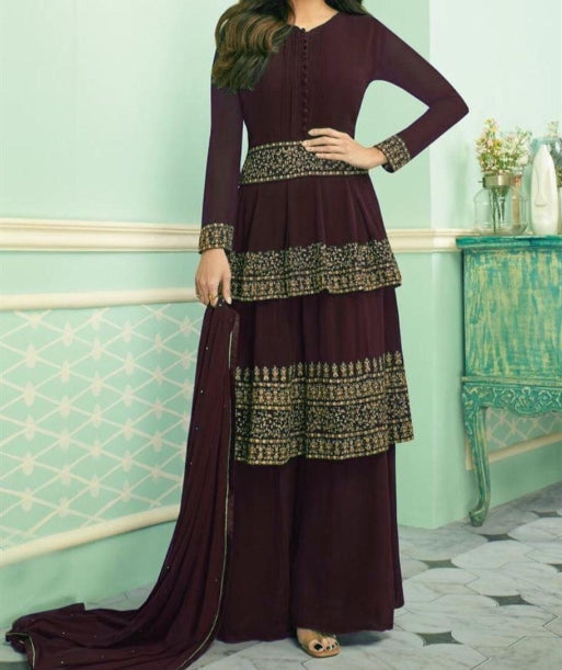 Festive Wear Wine Color Georgette Embroidered Work Plazo Salwar Suit