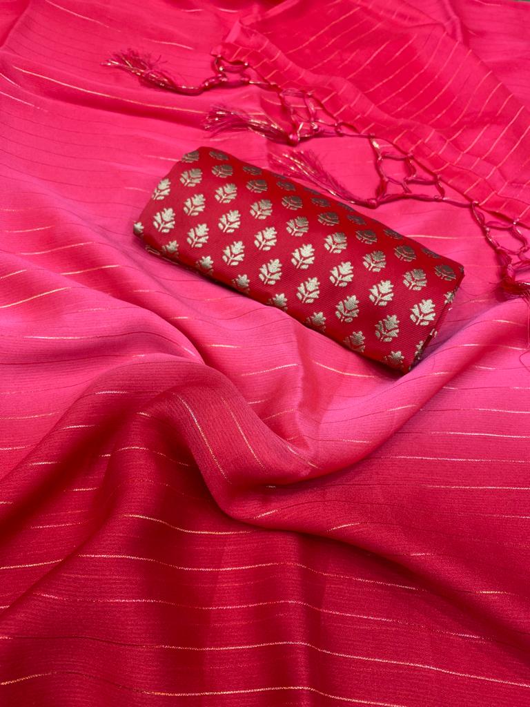 Desirable Rani Pink Color Golden Linning Work Georgette Saree Blouse