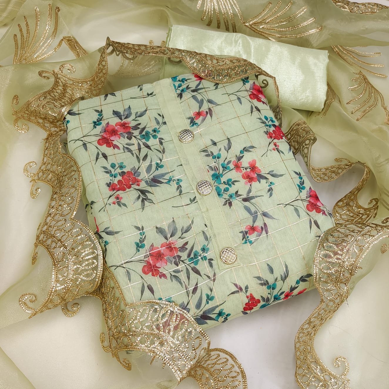 Attractive Sea Green Color Chanderi Printed Checks Design Salwar Suit