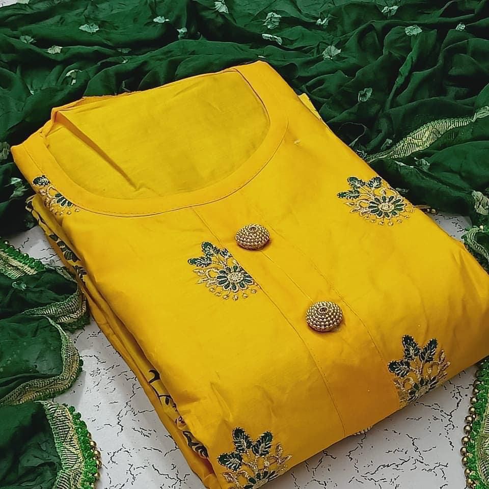 Shattering Yellow Color Casual Wear Cotton Embroidered Work Salwar Suit