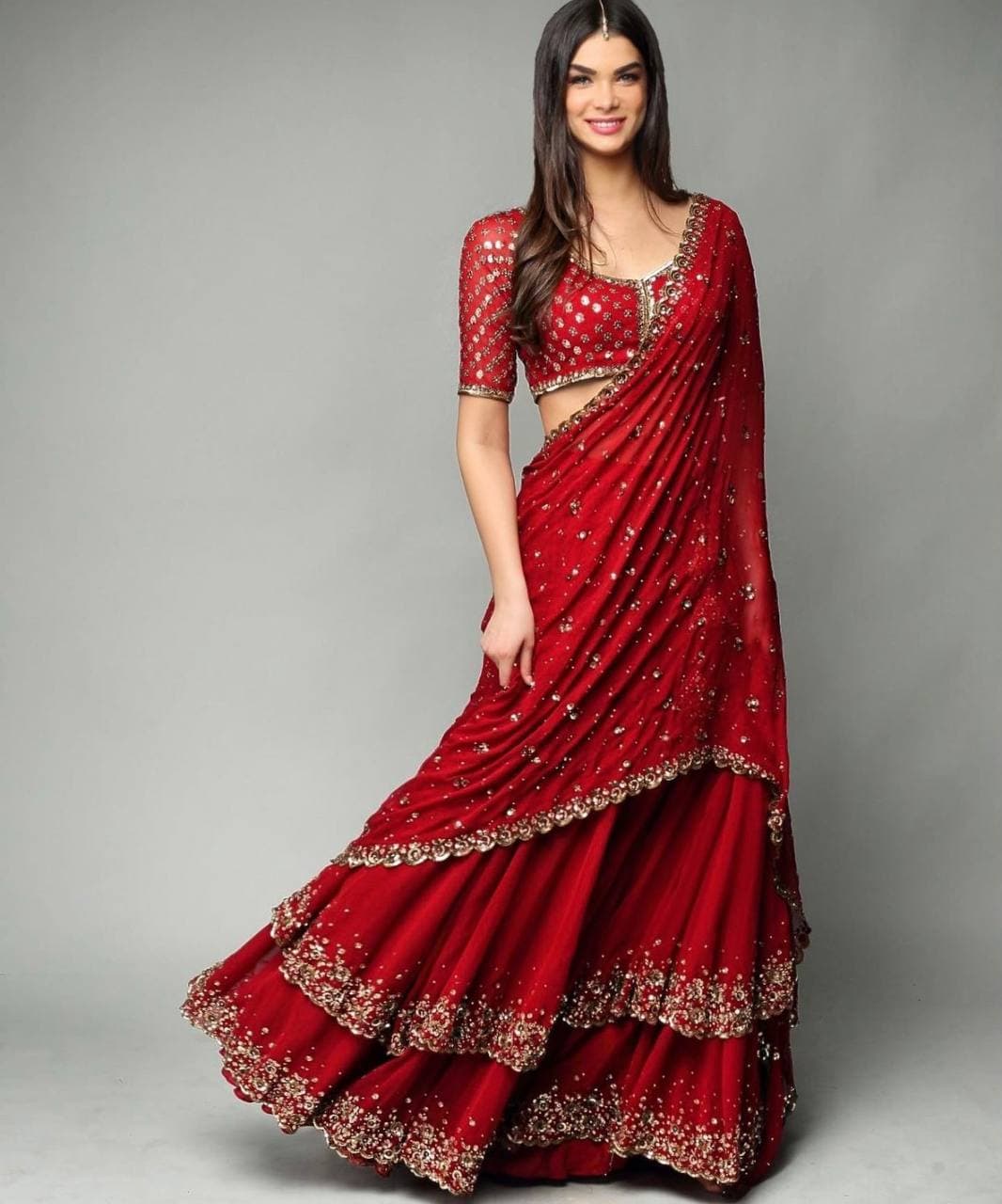 Ultramodern Red Color Georgette Sequence Work Lehenga Choli For Festival Wear