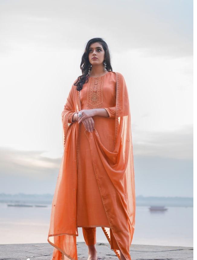 Mind-blowing Orange Color Georgette Embroidered Work Salwar Suit Design