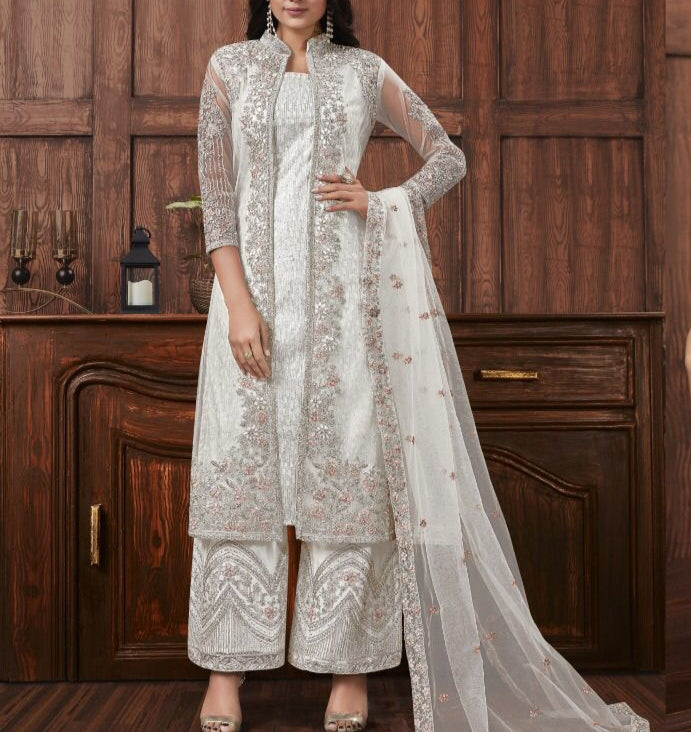 Dashing White Color Net Sequence Work Salwar Suit For Wedding Wear