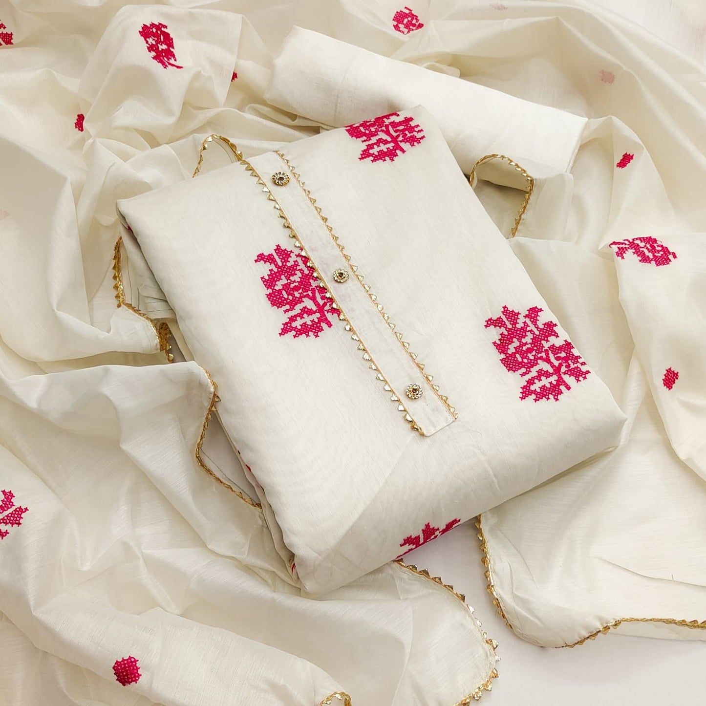 Plesant White Color Casual Wear Silk Embroidered Work Salwar Suit