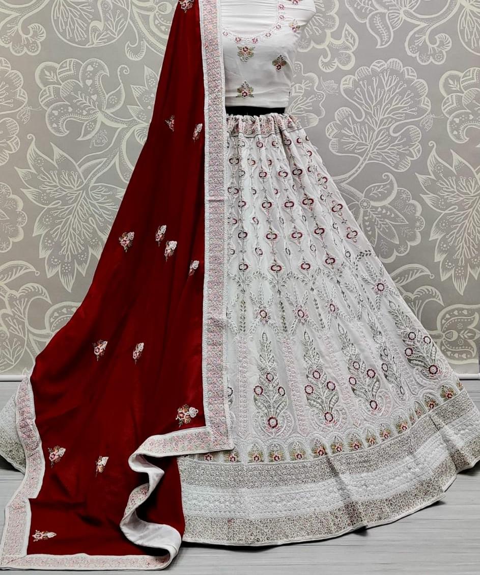 Bridal Wear White Color Georgette Embroidered Multi Work Lehenga Choli